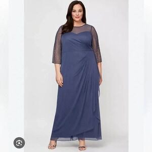 NEW Alex Evenings 3/4 Beaded Sleeve Ruched Cascade Dress Wedgewood Size 18W